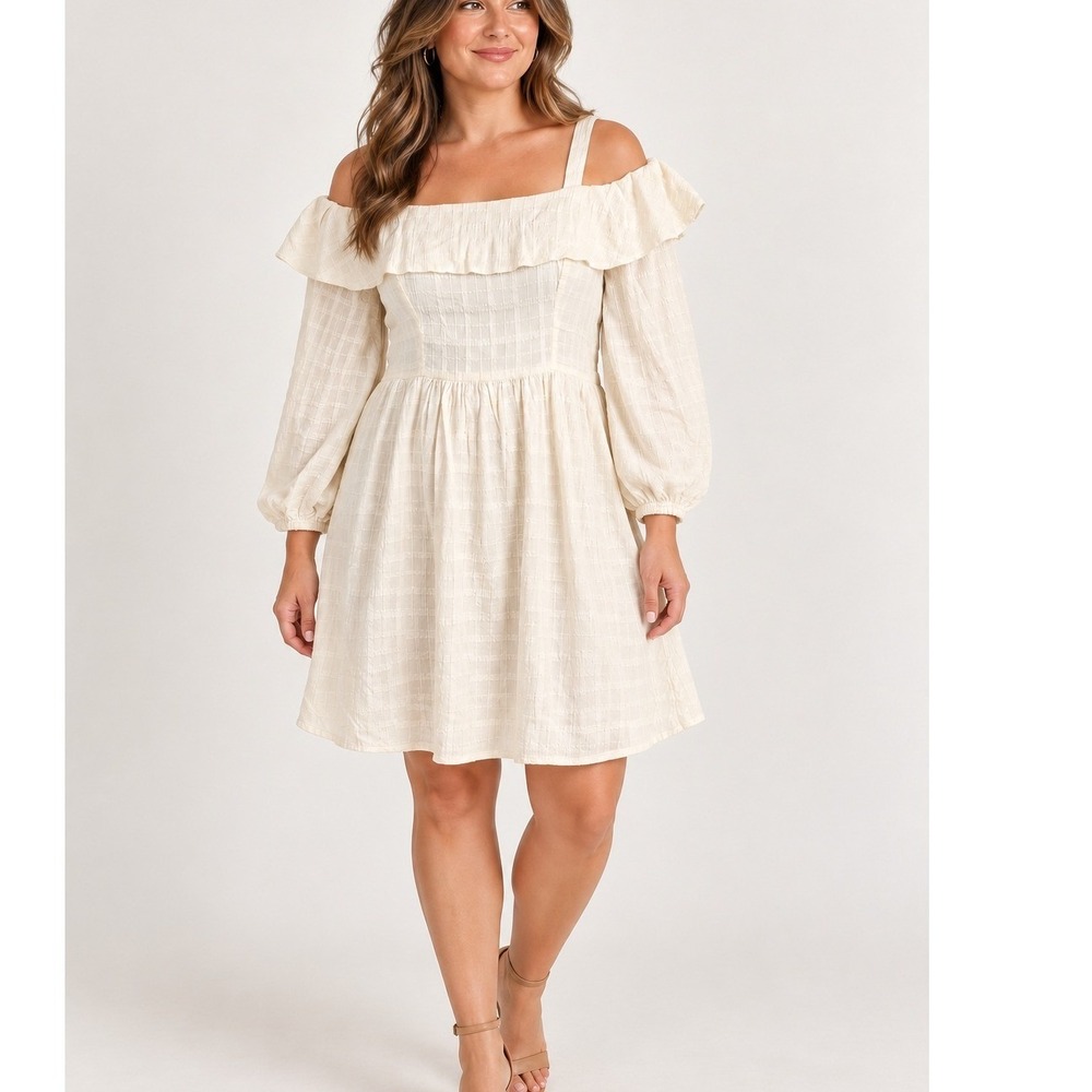 Venus Womens Cream Off Shoulder Ruffle Neck Lined Plaid Pattern Mini Dress 12